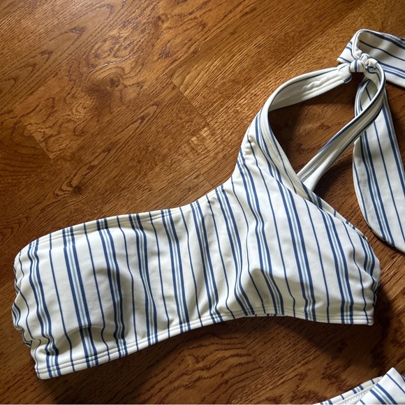 Abercrombie Fitch Bikini One Shoulder Top High Bottom Swim Tie Ivory Blue Stripe - Picture 3 of 6